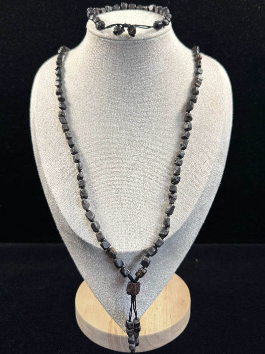 Natural Black Agate Cube Bracelet & Necklace Set (Black Diamond Look) | Gobi Raw Stone Jewelry